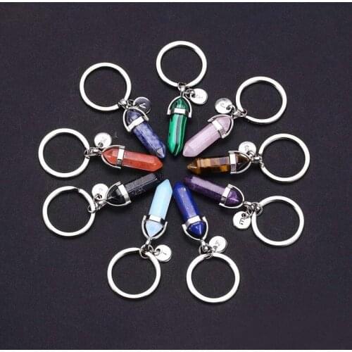 Fashion Men'Natural Stone Pendant Keychain With Letter Charm Pink Quartz Stone Crystal Key Chains For Women Trinket Jewelry Gift