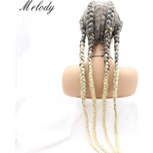 Melody Long 30 Inches Synthetic Lace Front Braided Wigs Gray Ombre Blonde Mixed Four Braids Box Braid For Black Women