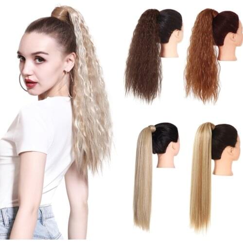 Synthetic Straight Clip in Hair Ponytail Extension Wrap Around Kinky Long Natural Blonde Hair Pony Tail Fake Hairpiece For Woman