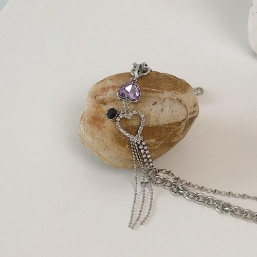 TIMEONLY Sweet Multi Layer Purple Crystal Love Heart Choker Neckalce Chunky Curb Chain Necklace for Women Girl Jewelry Festival