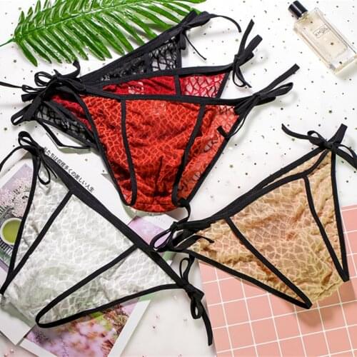 Men Gay Sexy Ice Silk Underpants Lingerie Lace Mesh Transparent Traceless G-String Thong Underwear Strap Solid Low Waist Briefs