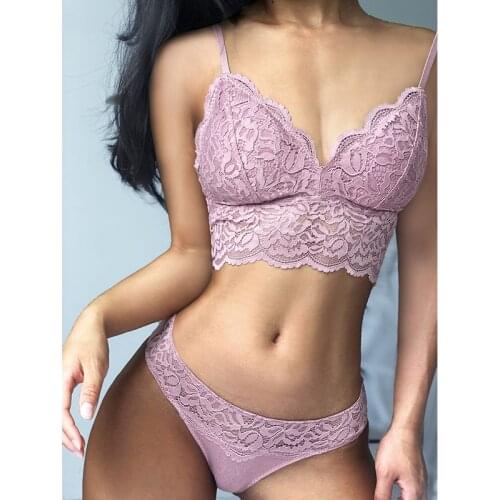 Wriufred Thin lace bra with underpants set comfortable triangle full cup underwear set women sexy plus size wirefree lingerie