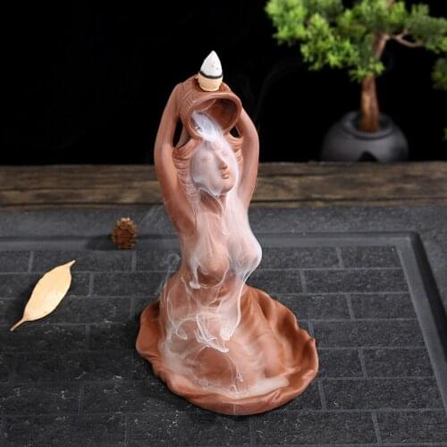 Female Shower Statue Waterfall Incense Burner Backflow Incense Holder Incense Backflow Incense Cones for Home Teahouse Decor