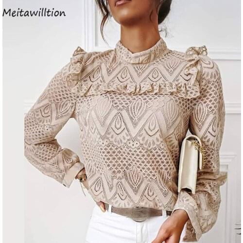 Women Elegant Lace Ruffles Blouses Shirt 2020 Autumn Casual O-Neck Long Sleeve Hollow Out Tops Korean Office White Shirts