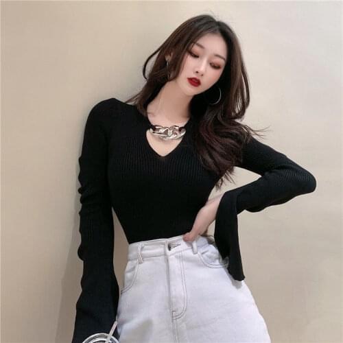 Woman Sweaters Pullover V-neck Chain Black Knitted Top For Women Autumn And Winter Sexy Slim Long Sleeve Femme Chandails