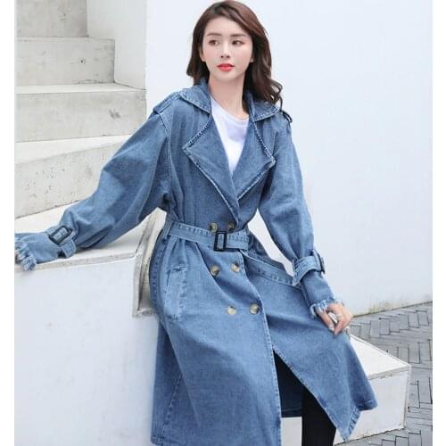 Womens Denim Trench Coat 2021 Autumn Double Breasted Belted Casual Jean Overcoat Loose Long Windbreaker Jacket Couple Models