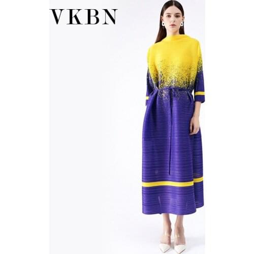 VKBN Summer Dress Women Three Quarter Flare Sleeve Fold Contrast Vestidos De Fiesta Sashes Fashion Elegant Dress