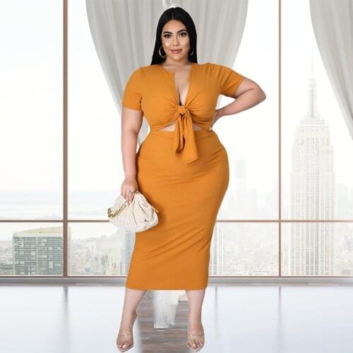 L-5XL Plus Size Bandage Two Piece Dress Set 2021 Vintage Tied Front Short Sleeve Crop Top and Bodycon Maxi Skirt Matching Suit