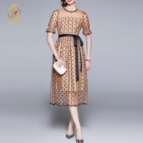 SMTHMA New Fashion Summer Vintage Polka Dot Lace Patchwork Dress Womens Short Sleeve Elegant With Belt Party Dresses