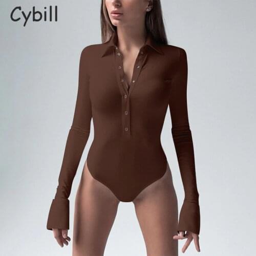 Cybill Turn Down Button Bodycon Bodysuit Women Casual Autumn Winter White Black Bodysuit For Woman Body Female Top