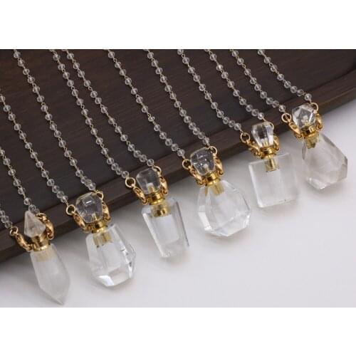 Natural Clear Quartzs Stone Perfume Bottle Necklace Charm Pendant Two Glasses Pearl Chain For Women Accessories Gift Length 80cm