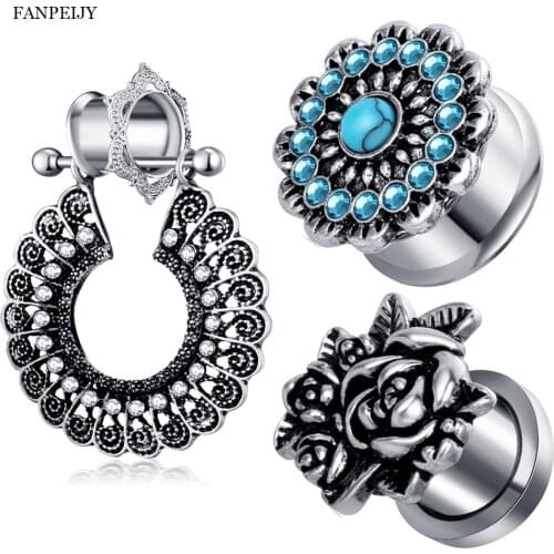 Fanpeijy 3 Pair 3 Style Piercing Flare Ear Tunnel Plugs Silver Ear Piercing Dangle Expander Gauges Woman Rose Screw Body Jewelry