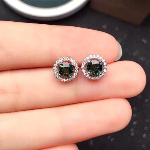 Classic 925 Silver Gemstone Stud Earrings 100% Natural Green-blue Sapphire Silver Earrings Sterling Silver Sapphire Earrings