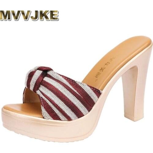 MVVJKEOpen Toe Bow Stripe Slides Women Sandals Summer 2021 High Heels Slippers Ladies Office Beach Slippers Big Size 33-43