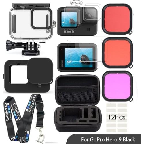 Set for Gopro Hero 9 Black Waterproof Housing Case+Tempered Film+Silicone Case +Lens Cap+Filters+Storage Box Accessories kit