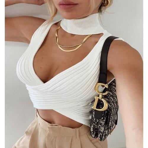 New 2021 sexy criss cross crop tops Womens knitted sleeveless front cut out vest summer holiday party clubwear top chothes