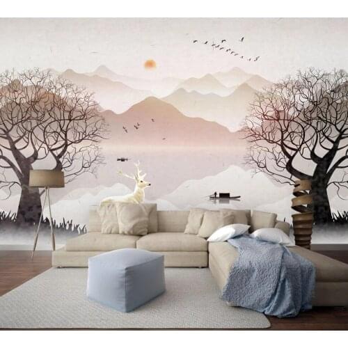 Custom 8d Large Papel Trees Deer 3d Nature Mural for Living Room Sofa Background Self Adhesive Wallpaper decorate Waterproof