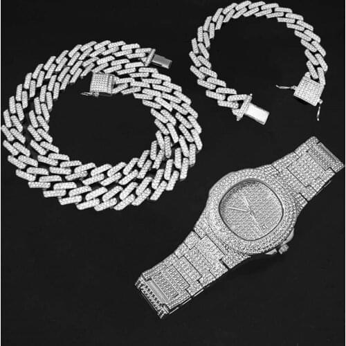 Necklace Watch Bracelet Bling Iced Out Miami Zircon Cuban Link Chain Prong Pave Rhinestone Jewelry for Mens Women Necklace Set