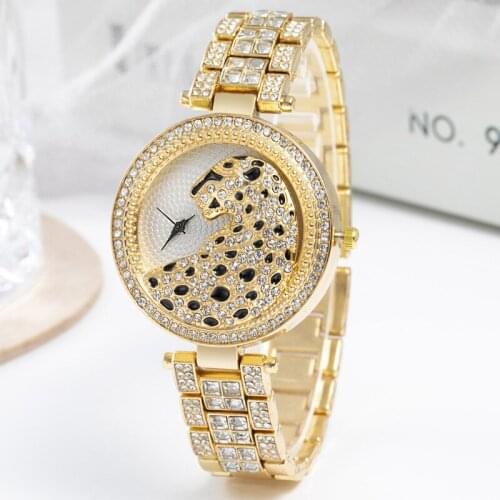Luxury Rhinestone Women Watches New Design Leopard Rhinestones Dial Ladies Wristwatch Stainless Steel Strap Quartz Watches Women