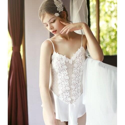 Sexy Lace Water-Soluble Flowers White Elegant Mini Spaghetti Bodysuit Nightgowns For Wedding Honeymoon Womens Sleep Loung