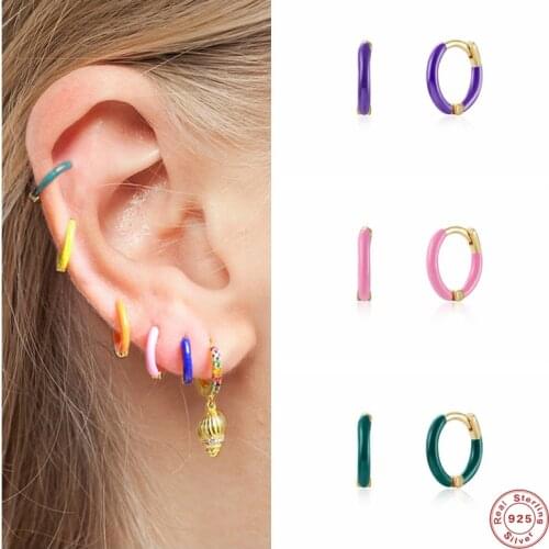 Aide 925 Sterling Silver European Neon Pink Purple Enamel Hoop Earrings For Women Luxury Circle Round Earring Pendientes Jewelry
