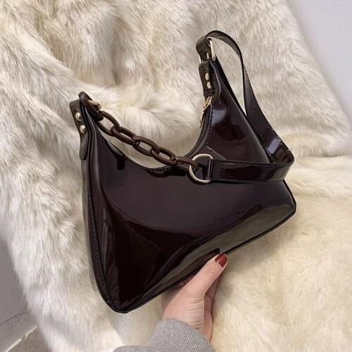 Half Moon Patent Leather Shoulder Bag For Women 2021 Branded Simple Trendy Luxury Solid Color Handbags Female Travel