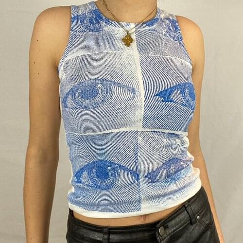 Women Eyes Pattern Printing Slim Vest Tops Summer Casual Ladies Round Collar Sleeveless Camisole Tops