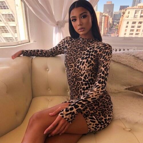 2020 Spring New Leopard Print personality O Neckline Knee Length Long Sleeve Dress for Women