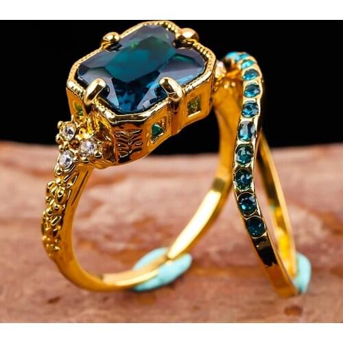 Vintage Couple Rings Engagement Wedding Rings for Women Blue Crystal Gold Color Zircon Ring Exquisite Jewelry Anniversary Gift