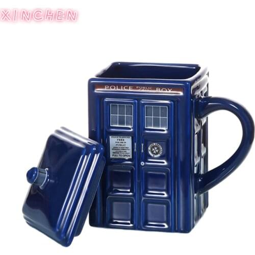 Doctor Who Tardis Police Box Coffee Mug Ceramic Cup with Lid Cover for Tea Milk Mugs Creative Christmas Presents for Kids