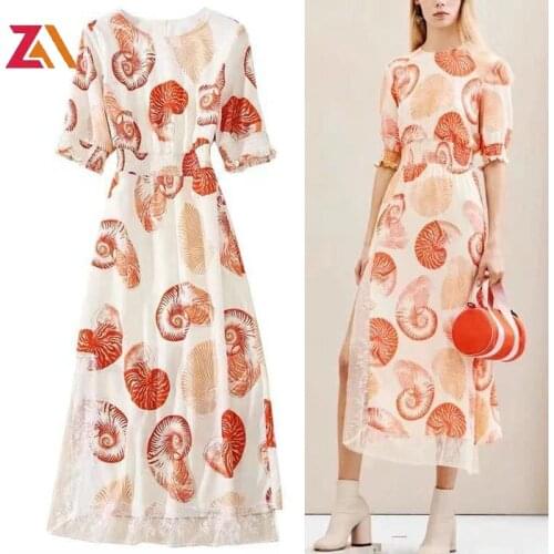 ZALady French Vintage Printed Midi Long Dress Elastic High Waist Summer Lace Short Sleeve o-neck Sexy Layered Dress Beach robe