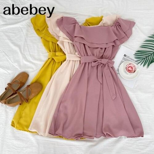 2021 New Summer Women Fashion All-match Dress off shoulder Slash neck double layer Ruffle waist strap A-line Dress