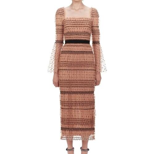 Self-Portrait Runway Women Polka Dot Mesh Long Dress Spring Flare Long Sleeve Square Tunic Collar Elegant Party Dresses Vestidos