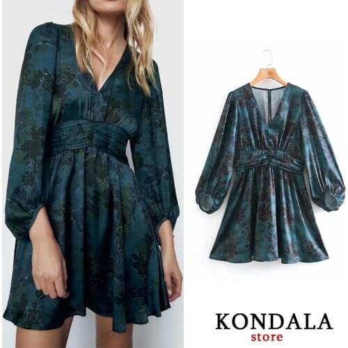 KONDALA Za 2020 Women Dress Vintage Floral Print V-Neck Party Mini Dress Long Sleeve A-Line Elegant Vestidos Mujer