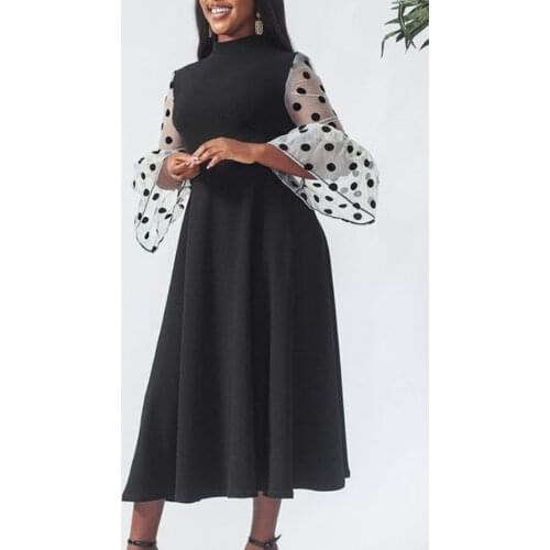 Women Dresses Party Vintage Patchwork See Trough Dot Sleeve A Line Modest Plus Size 4XL Three Quater Evening Birthday Robes New