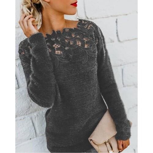 2020 Winter New Ladies Shirt Solid Color Stitching Lace Long-sleeved Sweater Soft Winter Ladies Plush