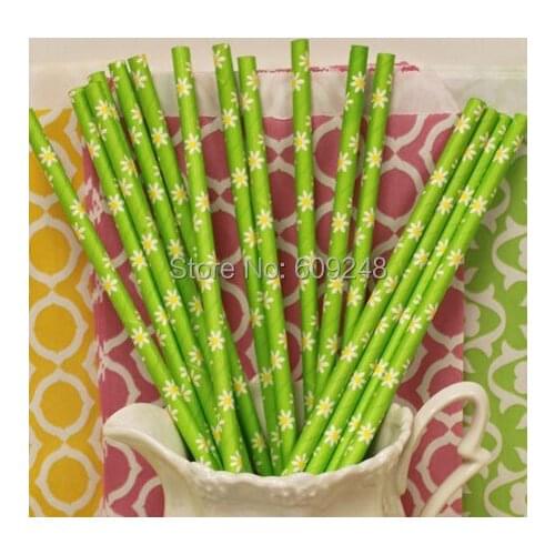 100pcs Mixed Colors Daisy Printed Lime Green Paper Straws,Discount Vintage Birthday Baby Shower Party Paper Drinking Straws