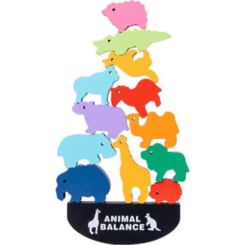 12pcs Children Montessori Wooden Wild Animal Balance Blocks Board Games Toy Educational Stacking High Building Block Wood Toys
