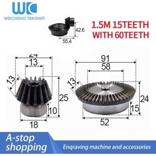 2pcs 1:4 Bevel Gear 1.5 Modulus 15 Teeth + 60 teeth Inner 90 Degree Drive Commutation Steel Gears Steel Gears
