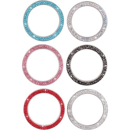 Diamond Rhinestone Start Stop Engine Ignition Push Button Decoration Crystal Ring Circle Trim One-Click Cover Car Automobiles