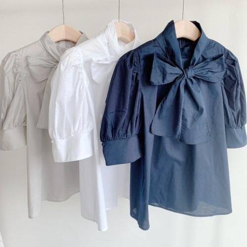 2021 Summer New Chic Bow Design Blusas Elegant Temperament Puff Sleeve Women Blouse Japan Style Sweet Cute Solid Soft Shirts