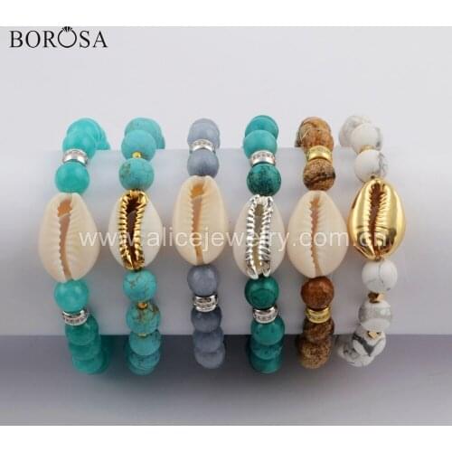 BOROSA 6PCS Handmade 7inch Natural Cowrie Shell with 8mm Natural Turquoises Beads Bracelets Howlites Mix Bangles Jewelry HD0072