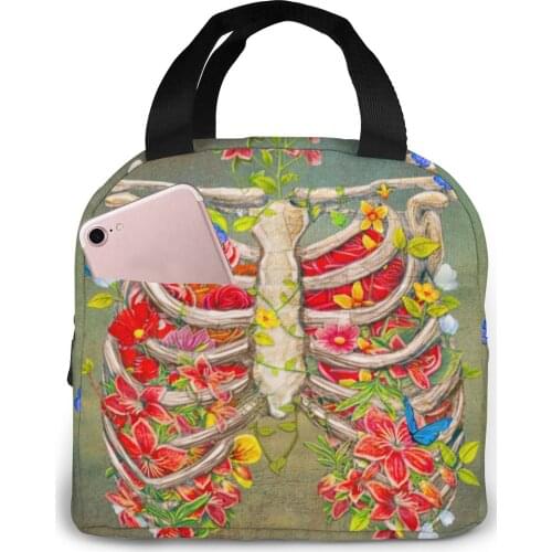 Blooming Sskeleton With Butterflies Lunch Food Box Bag Insulated Thermal Food Picnic Lunch Bag for Women Men Cooler Tote Bag