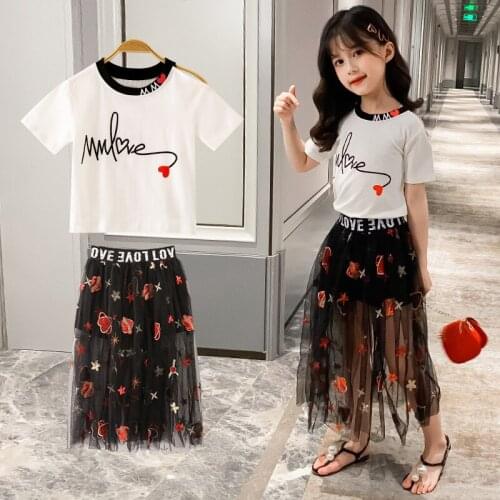 2021 Summer kids baby girls Clothes Cute Heart Pattern Outfits T shirt + Mesh lace long Skirt Kids floral Set 4 6 8 10 12 Years