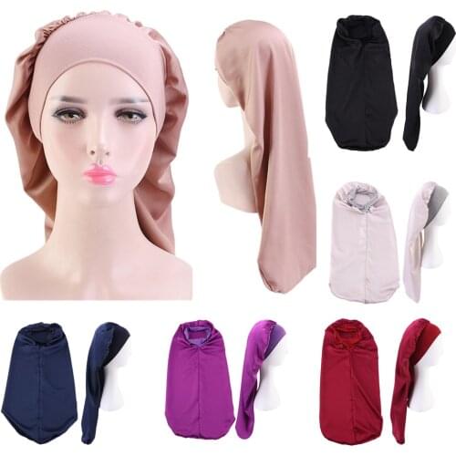 Elastic Band Satin Pocket Bonnet Silky Dreadlock Braids Baggy Cap Women Long Hair Hat Sleeping Cap Headwrap Turban