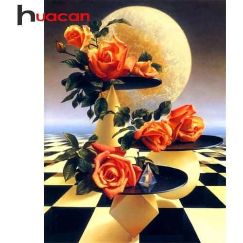 Huacan Diamond Painting Flowers Rose Cross Stitch Diamond Embroidery Moon Mosaic Rhinestones Picture Handcraft
