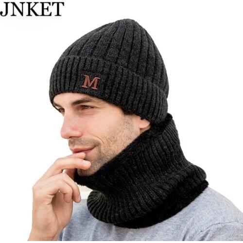 JNKET Winter Mens Wool Blend Knitted Hat Scarf Set Neck Warmer Beanies Hat Set Fleece Lining Skullcap Scarf Gorras Bonnet