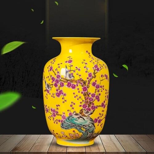 Jingdezhen Ceramic Yellow Vase Home Decoration Chinese Classical Living room TV cabinet Flower Arranging Vase