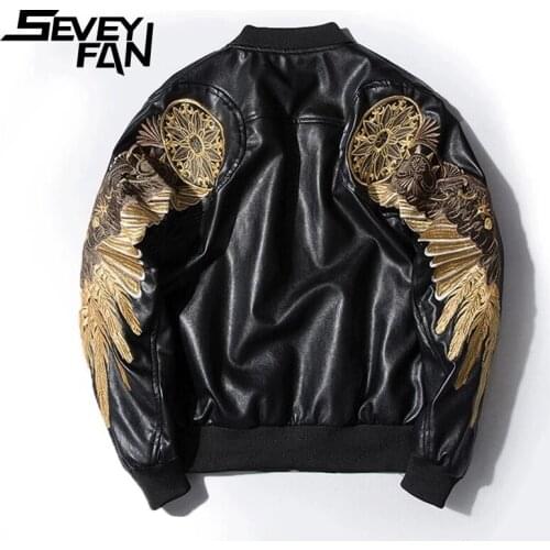SEVEYFAN Hip Hop Wing Embroidery PU Leather Jackets Mens Fashion Loose Baseball Leather Coat