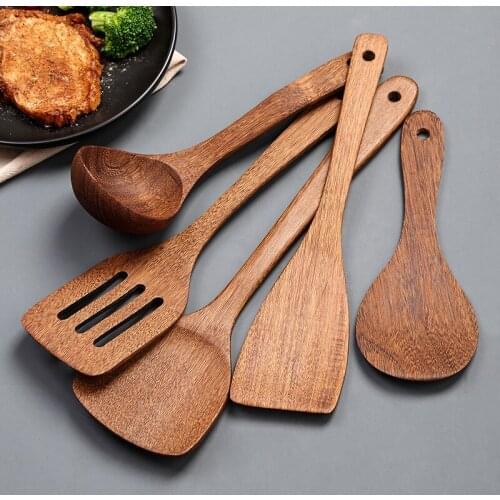 5pcs/Set Natural Wenge Wood Kitchenware Solid Soup Spoon Slotted Turner Stir Fry Spatula Laddle Wooden Nonstick Utensils Set